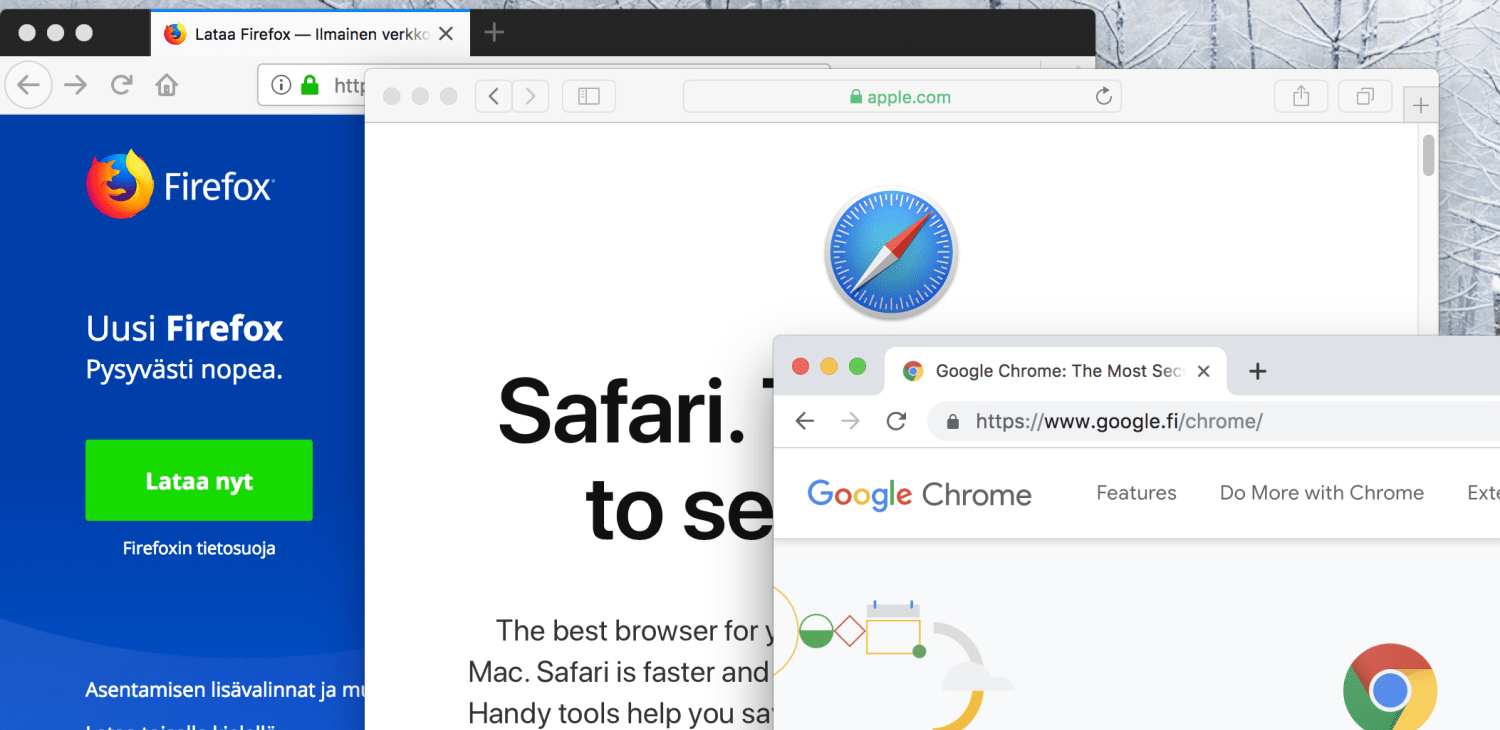 Firefox-, Chrome- ja Safari-selaimet