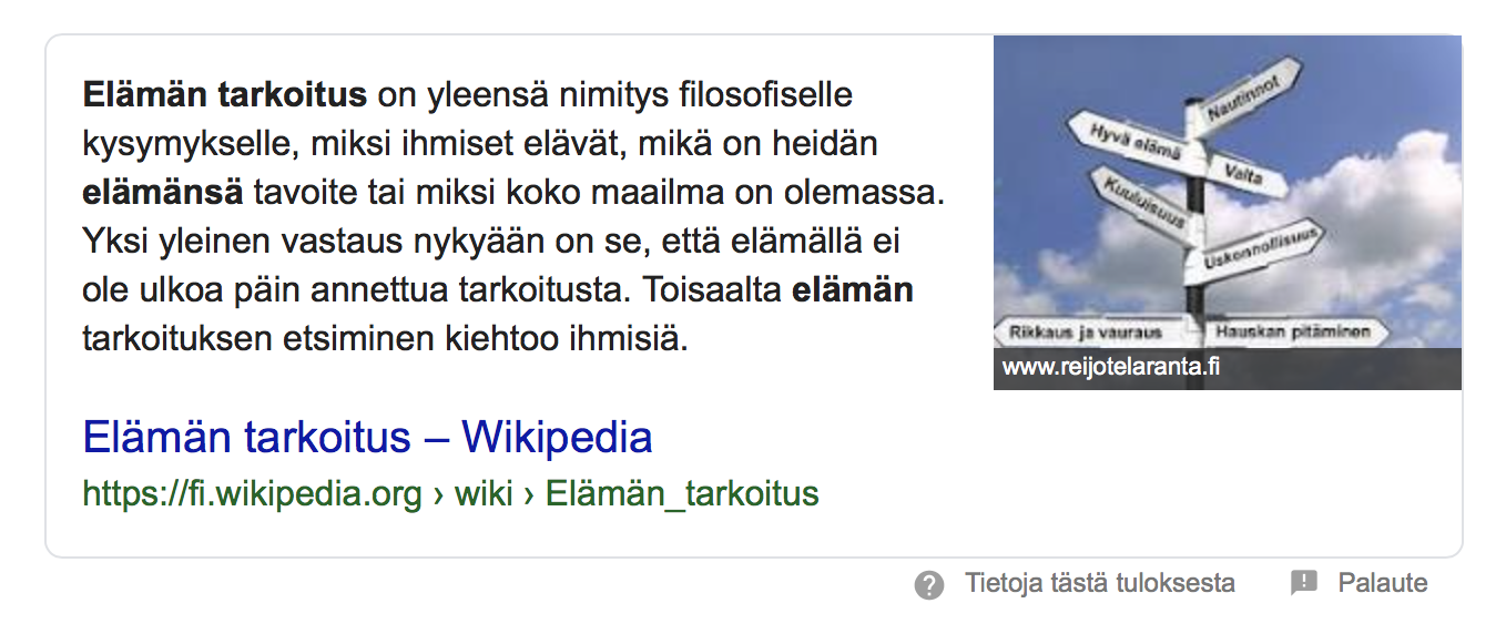 Googlen rikastetut hakutulokset: Vastaus kysymykseen "Mikä on elämän tarkoitus?"