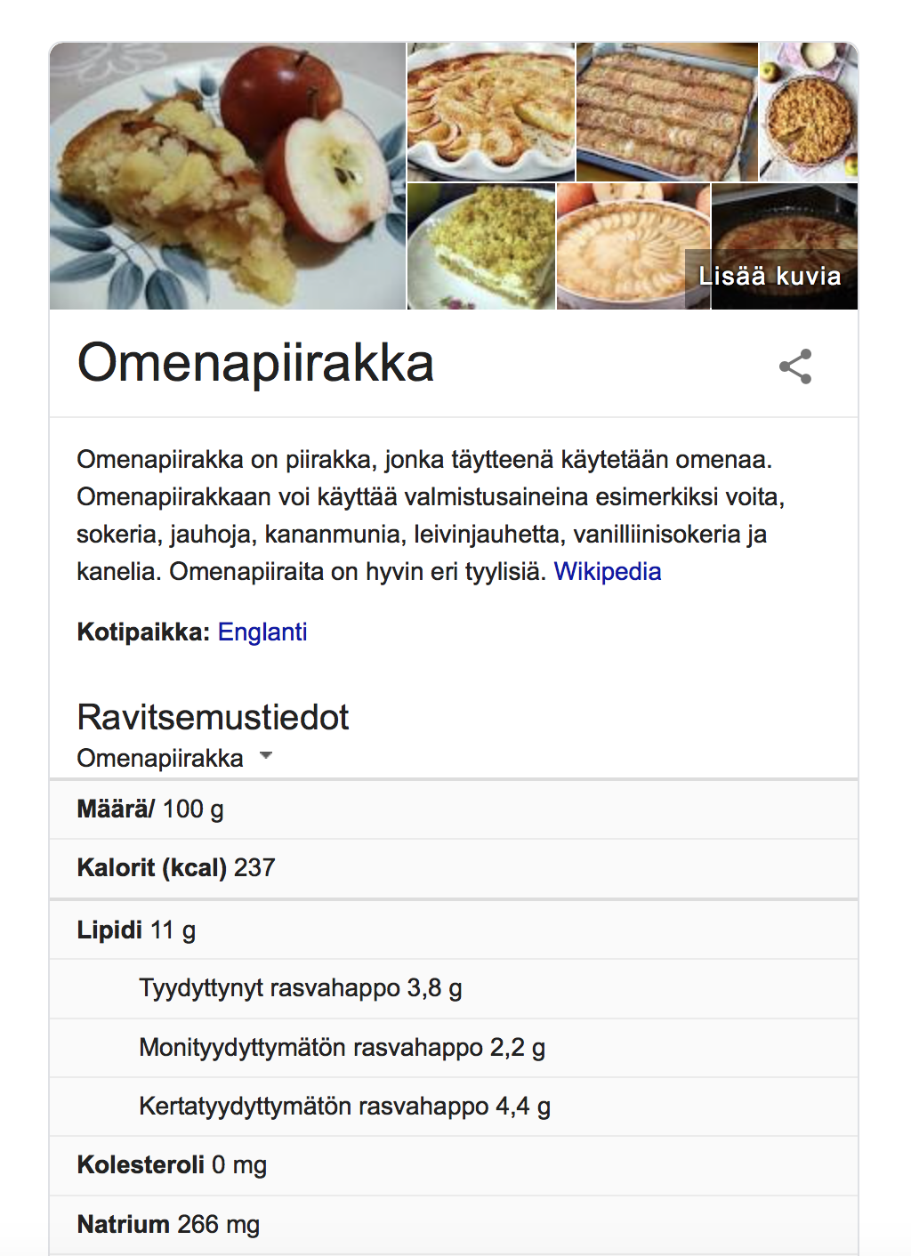 Googlen rikastetut hakutulokset: Omenapiirakan ravintoarvot