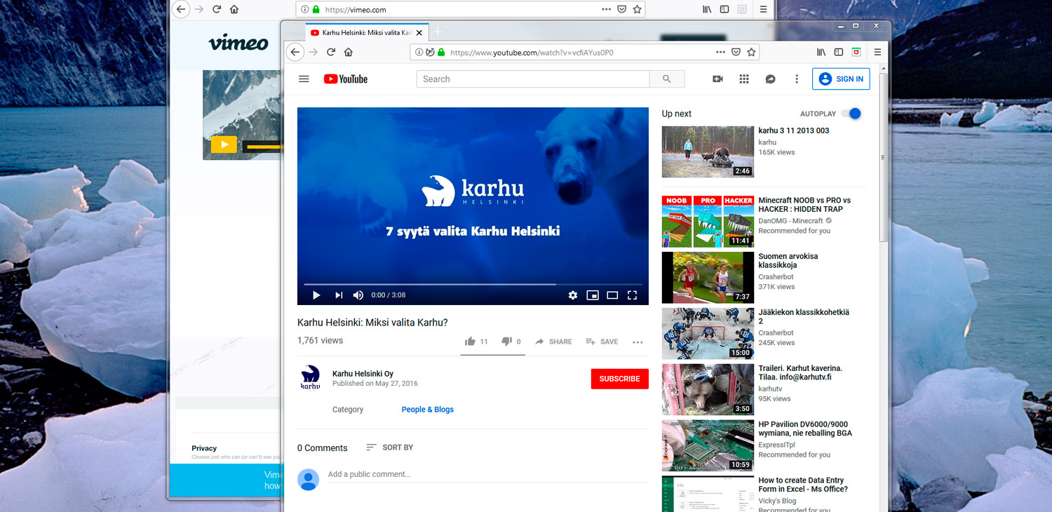 Kuvakaappaus Karhu Helsingin Youtube-videosta ja Vimeo-palvelun ollessa taustalla