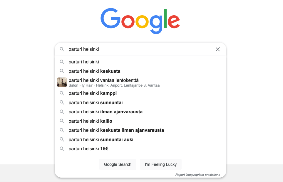 Paikallinen hakukoneoptimointi, hakuehdotukset, Google