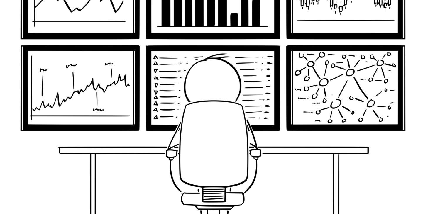 tikku-ukko-istuu-kuuden-monitorin-edessä-analysoimassa-graafeja