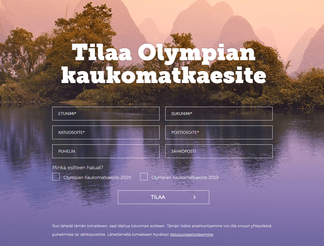 Postitettavien matkaesitteiden tilauslomake olympia.fi-sivustolla