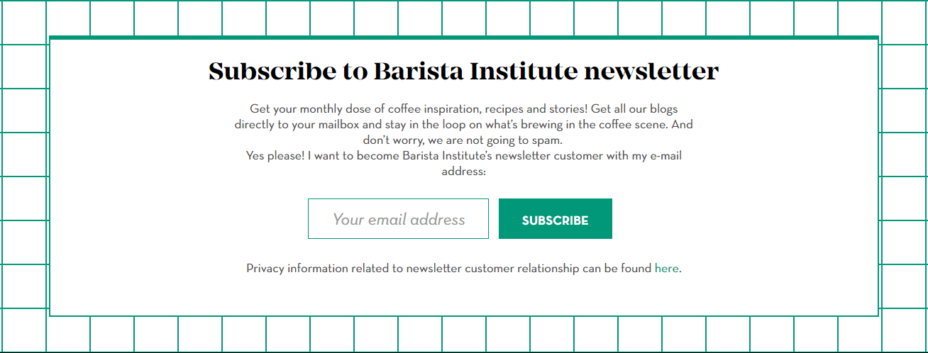 Uutiskirjeen tilaus -lomake baristainstitute.com-sivustolla