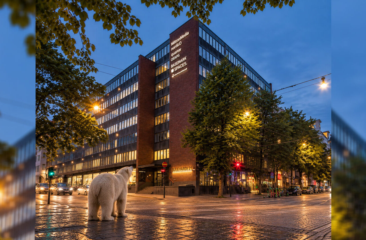 Tekoälyn luoma kuvituskuva: jääkarhu Bulevardin toimistomme edessä
